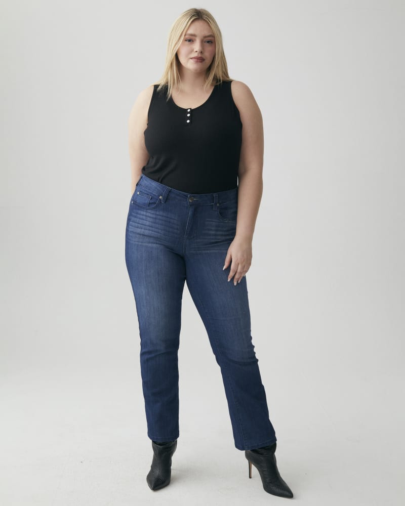 Front of a model wearing a size 16 Greenwich Bootcut Jean in Vintage Medium Wash by Molly & Isadora. | dia_product_style_image_id:266509
